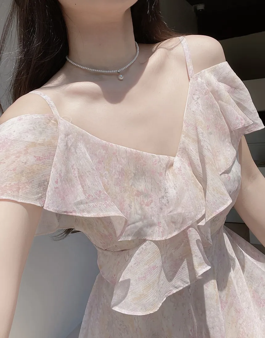 シフォンソフトミディフレアラッフルオフショルダージップアップVネックプリントキャミワンピース | mirangmirang | 詳細画像19
