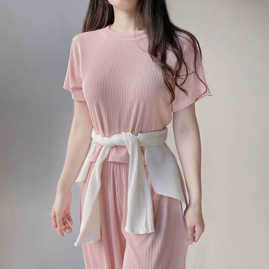 リブ半袖ラウンドネックウエストゴムワイドルーズセットアップパンツTシャツ | mirangmirang | 詳細画像7