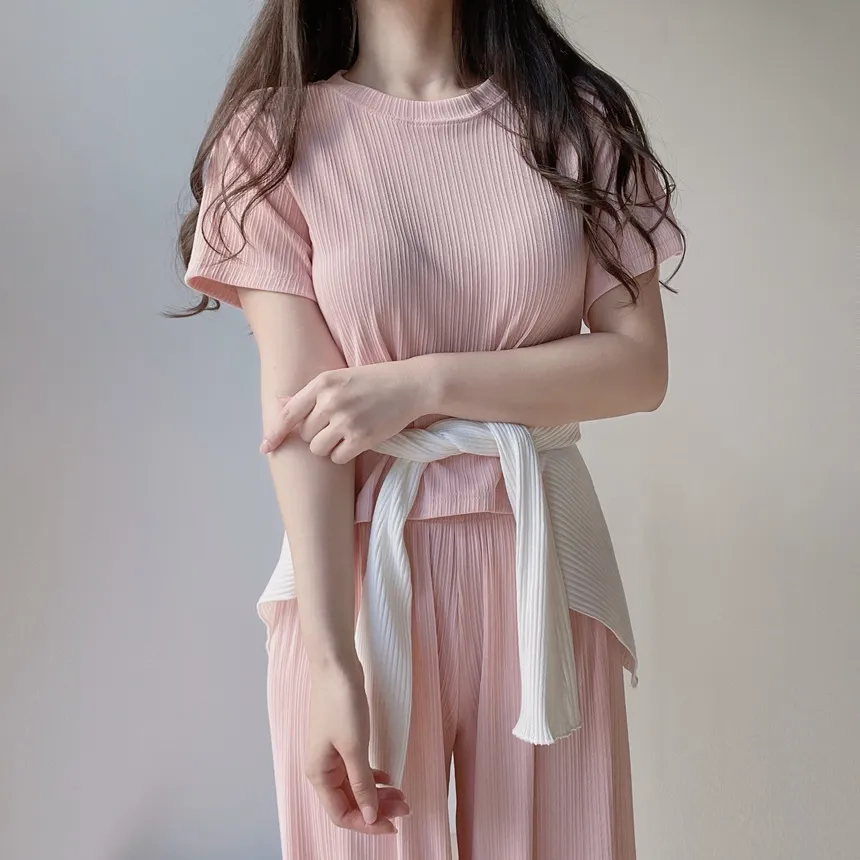 リブ半袖ラウンドネックウエストゴムワイドルーズセットアップパンツTシャツ | mirangmirang | 詳細画像8