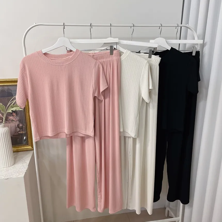 リブ半袖ラウンドネックウエストゴムワイドルーズセットアップパンツTシャツ | mirangmirang | 詳細画像21