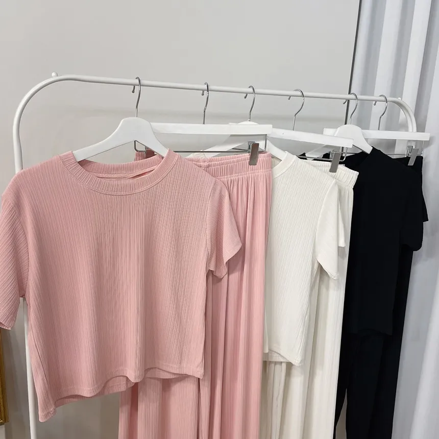 リブ半袖ラウンドネックウエストゴムワイドルーズセットアップパンツTシャツ | mirangmirang | 詳細画像22