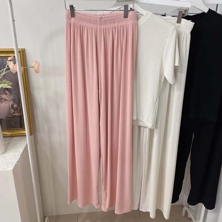 リブ半袖ラウンドネックウエストゴムワイドルーズセットアップパンツTシャツ | mirangmirang | 詳細画像25