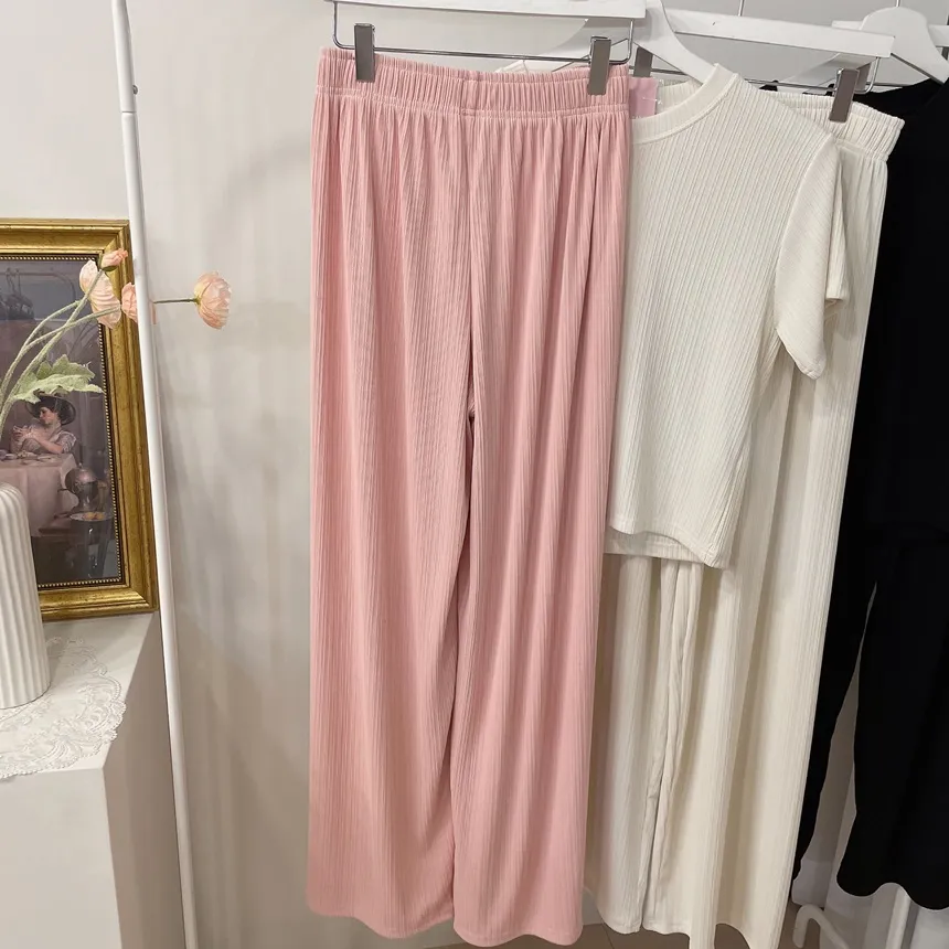 リブ半袖ラウンドネックウエストゴムワイドルーズセットアップパンツTシャツ | mirangmirang | 詳細画像26