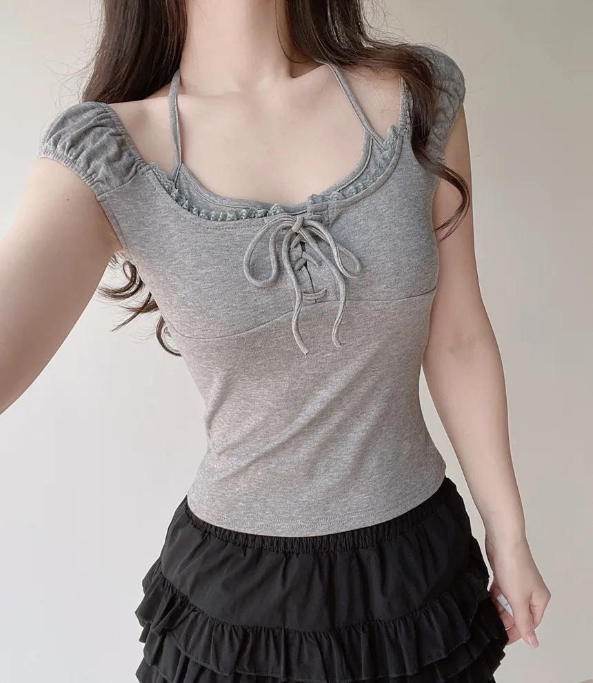 ストラップ付ストレッチ半袖ホルターネックドローストリングスリムゴムレースTシャツ | mirangmirang | 詳細画像34