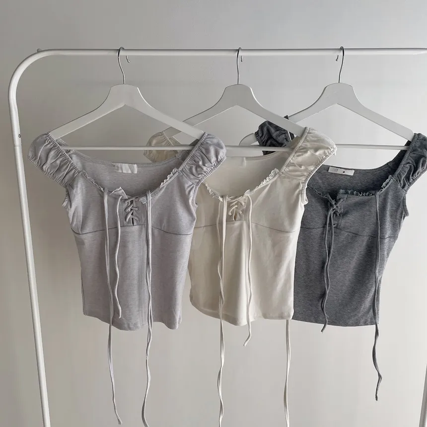 ストラップ付ストレッチ半袖ホルターネックドローストリングスリムゴムレースTシャツ | mirangmirang | 詳細画像39