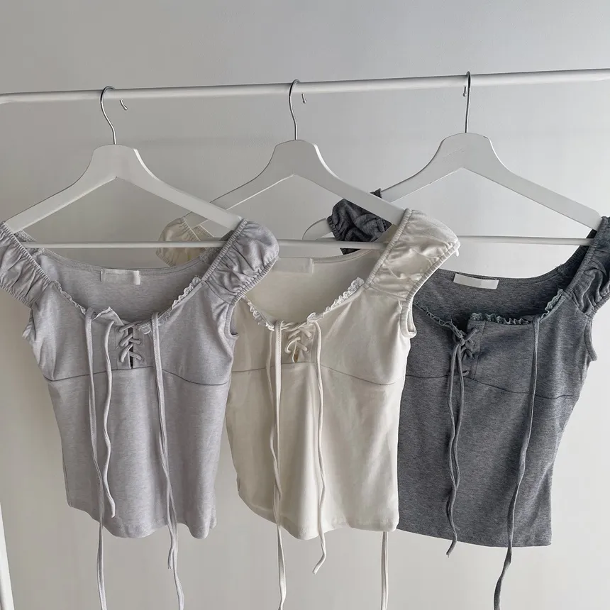 ストラップ付ストレッチ半袖ホルターネックドローストリングスリムゴムレースTシャツ | mirangmirang | 詳細画像40