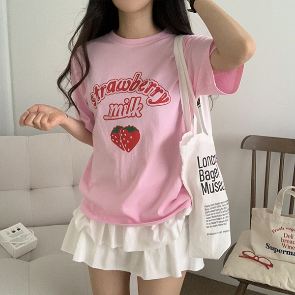 ルーズラウンドネック半袖プリントTシャツ | レディースファッション