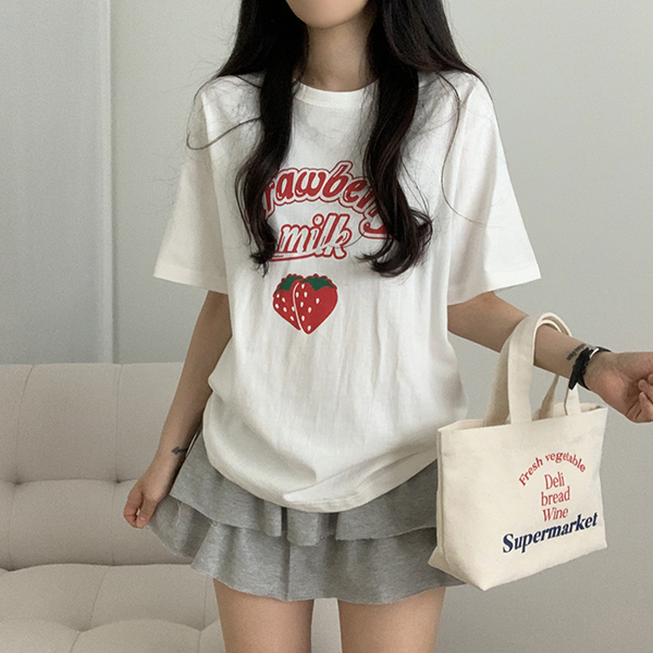 ルーズラウンドネック半袖プリントTシャツ | レディースファッション