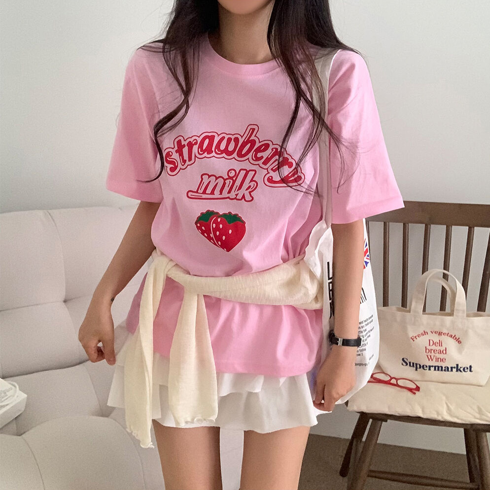 【加古川店】 中古 半袖Ｔシャツ SHORT-SLEEVED ROUND NECK T-SHIRTS FJS036A-05398-680 ピンク サイズ：36 【112】 ルーズラウンドネック半袖プリントTシャツ | レディースファッション