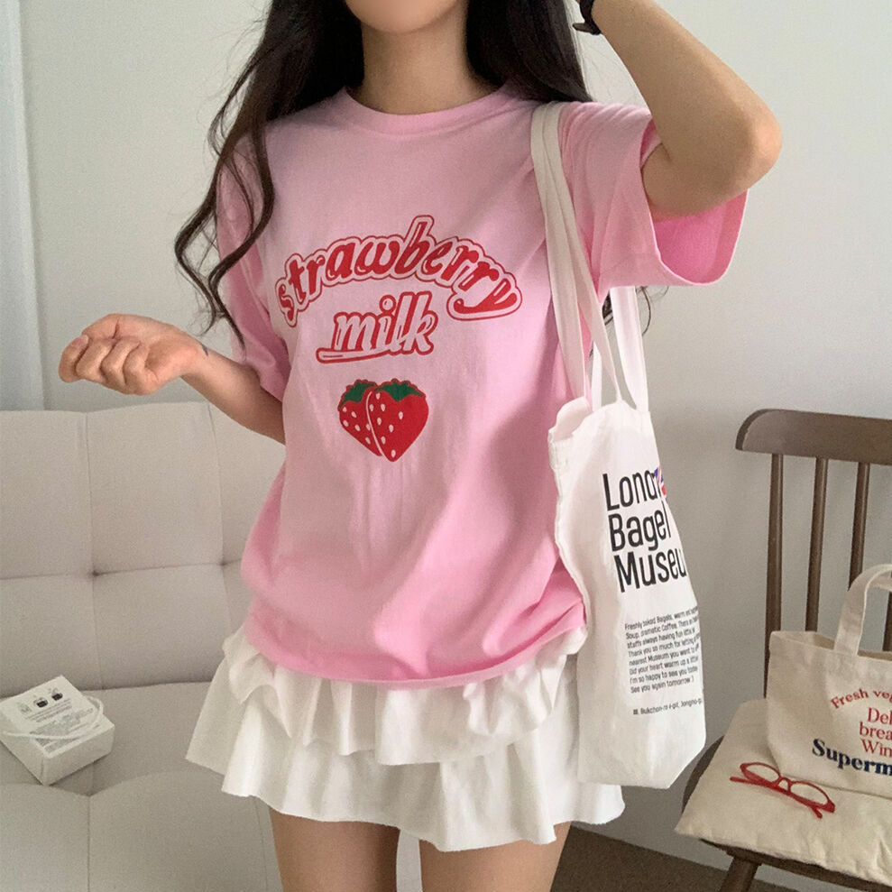 ルーズラウンドネック半袖プリントTシャツ | レディースファッション