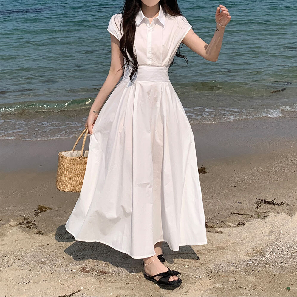 ピンタックフレアカラーバックゴムカラーシャツワンピース