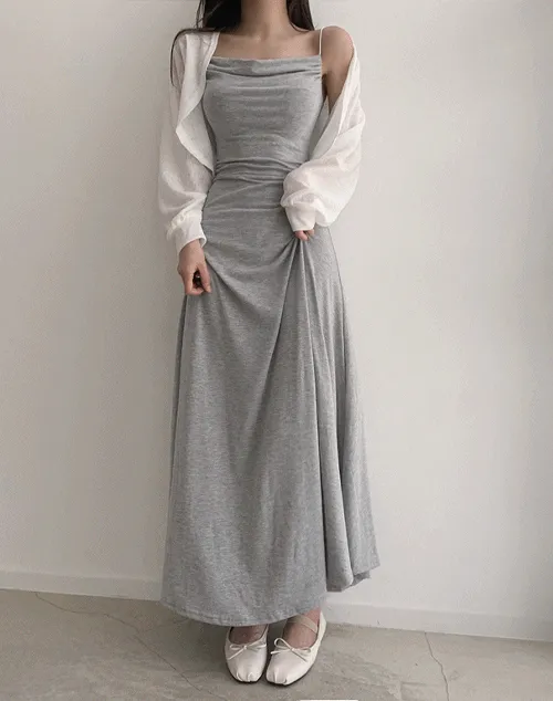 スリムロングシャーリングサイドピンタックドレープパフスリーブ無地ボレロキャミワンピース | JESSIYA | 詳細画像1