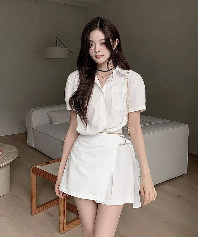 ラップミニショート半袖カラーセットアップショートパンツスカートパンツシャツ | classicblanc | 詳細画像1