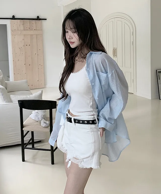 シースルー長袖ルーズカラーストライプシャツ | classicblanc | 詳細画像1