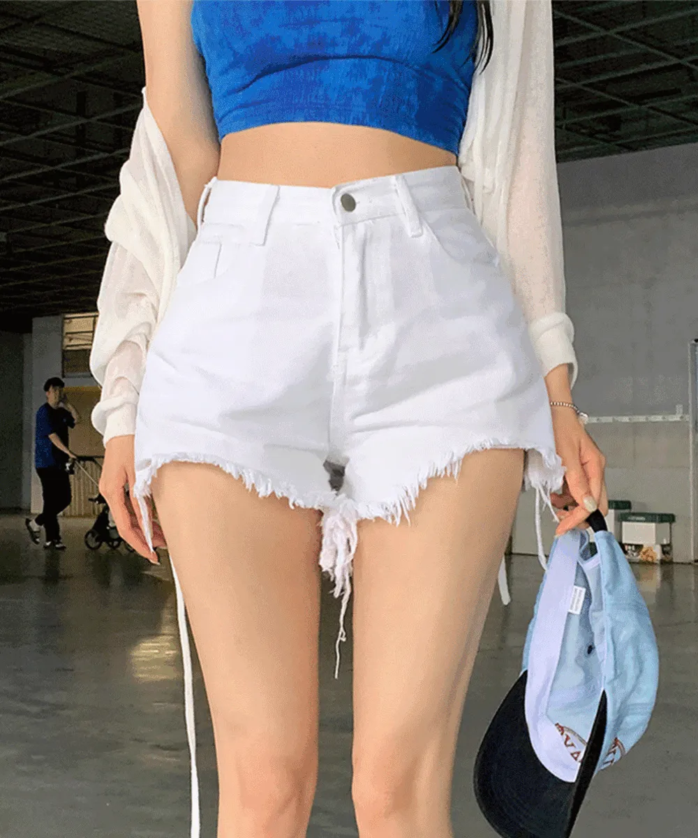 ハイウエストフリンジショートAラインカラーライトブルーデニムパンツ | wannabemuse | 詳細画像1