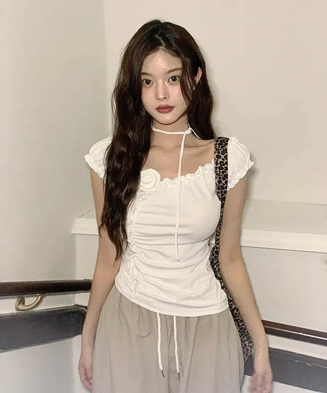 2WAYストラップ付オフショルダーゴムフレンチスリーブスリム半袖ギャザーTシャツ | classicblanc | 詳細画像1