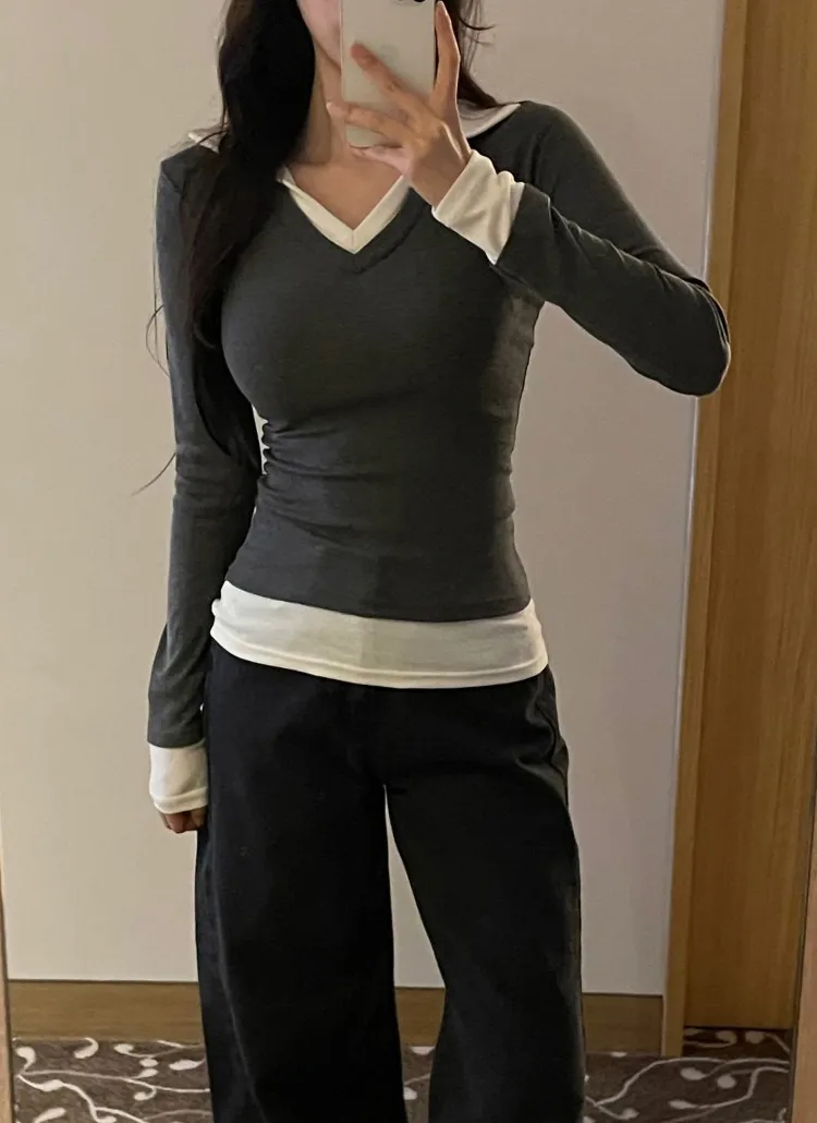 ストレッチカラースリム長袖レイヤード風配色TシャツポロカラーTシャツ | yefit | 詳細画像1