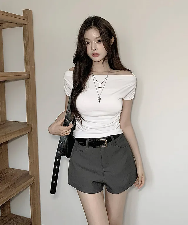 スカーフ付2WAY半袖ボートネックオフショルダーギャザードレープスリムTシャツ | classicblanc | 詳細画像1