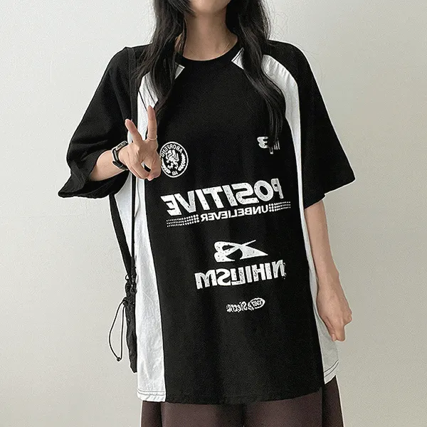 ボクシーラウンドネック半袖プリント配色Tシャツ | hijjoo | 詳細画像1
