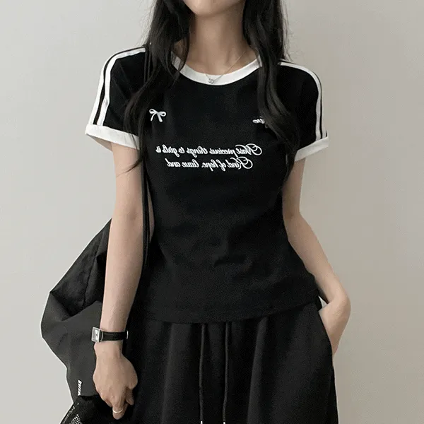 トラックラウンドネック半袖レタリング配色Tシャツ | hijjoo | 詳細画像1