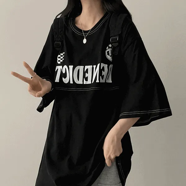 ステッチボクシー半袖ラウンドネックプリントTシャツ | hijjoo | 詳細画像1