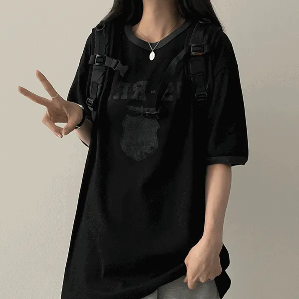 ボクシーラウンドネック半袖配色プリントTシャツ | hijjoo | 詳細画像1