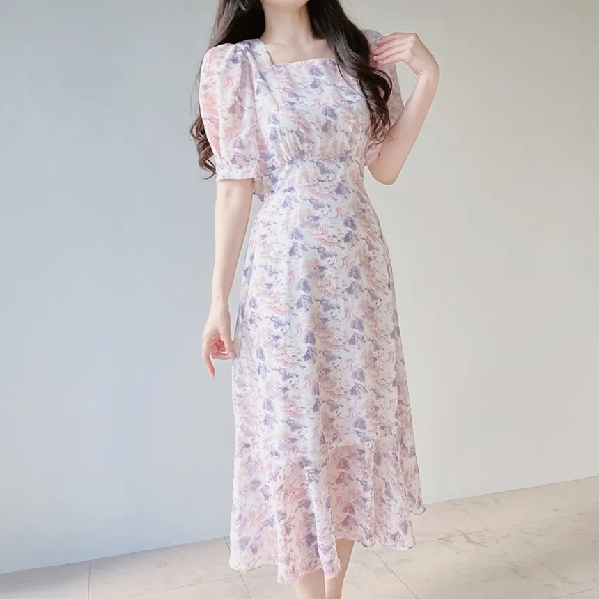 シフォンパフスリーブロング花柄ワンピース | mirangmirang | 詳細画像2