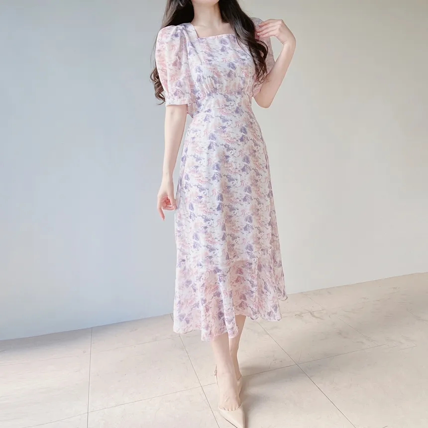 シフォンパフスリーブロング花柄ワンピース | mirangmirang | 詳細画像5