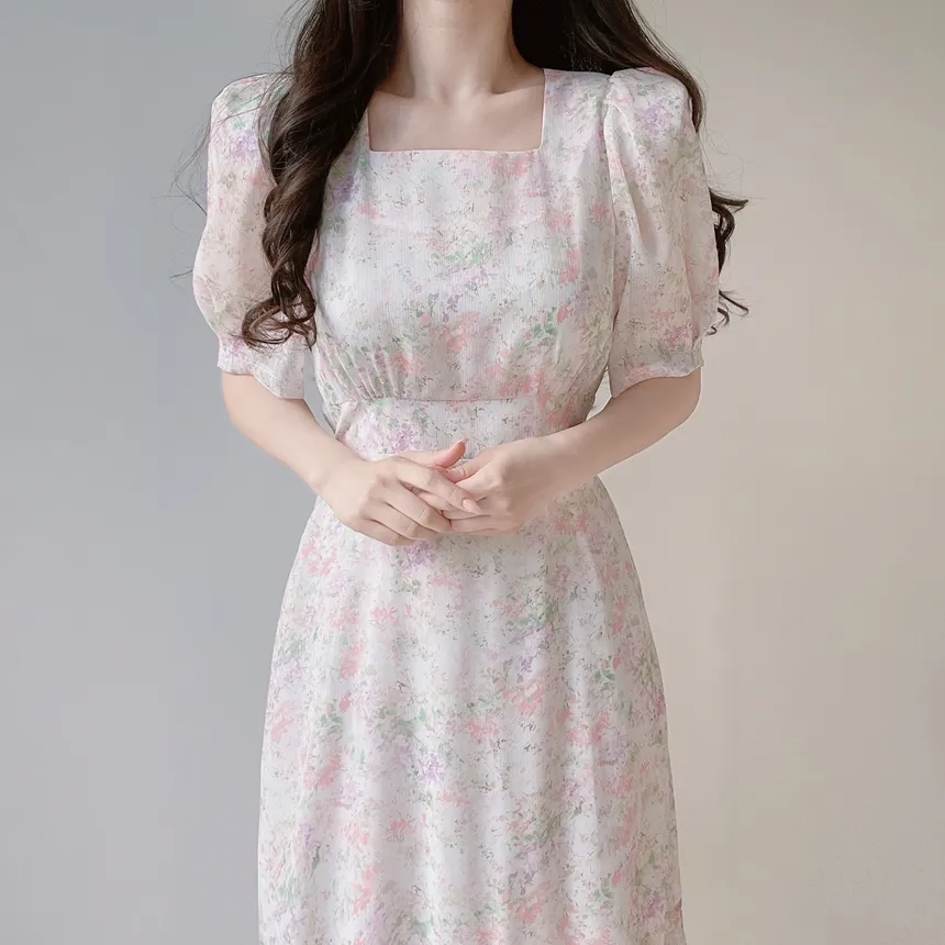 シフォンパフスリーブロング花柄ワンピース | mirangmirang | 詳細画像12