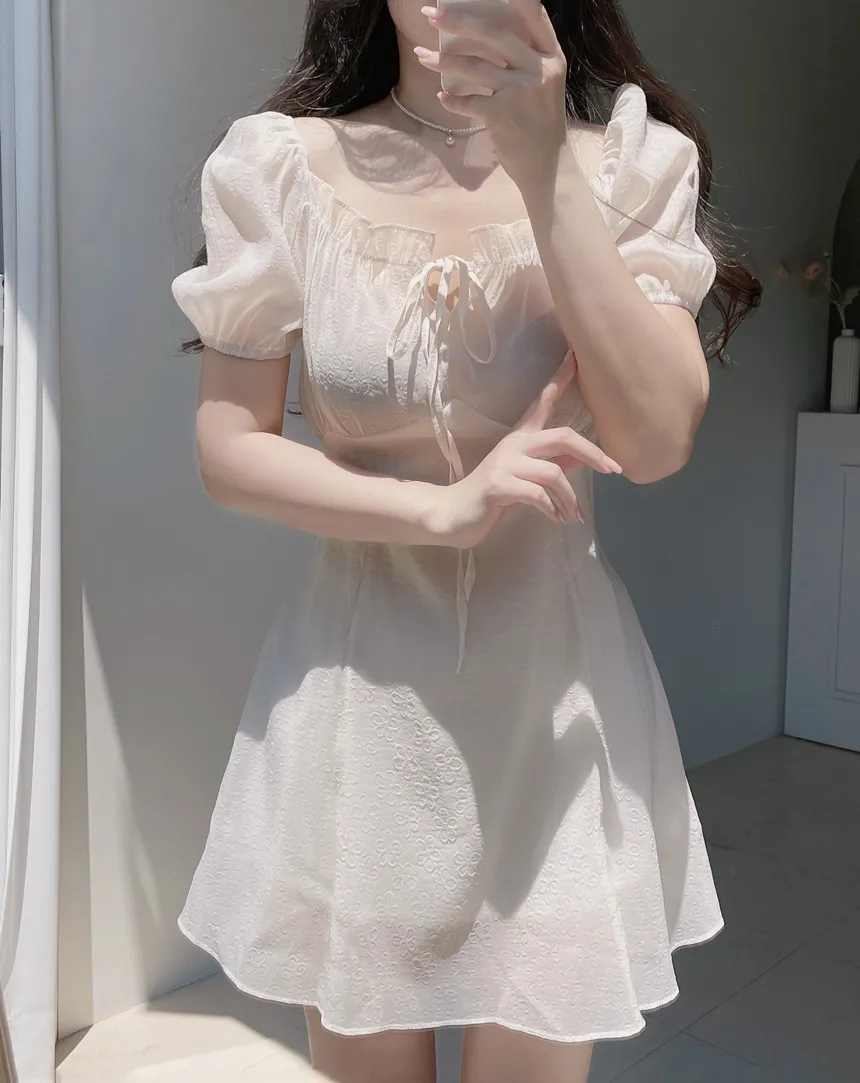 シフォンジップアップドローストリングフリル半袖フレアミニワンピース | mirangmirang | 詳細画像4