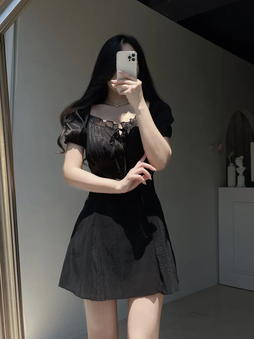 シフォンジップアップドローストリングフリル半袖フレアミニワンピース | mirangmirang | 詳細画像14