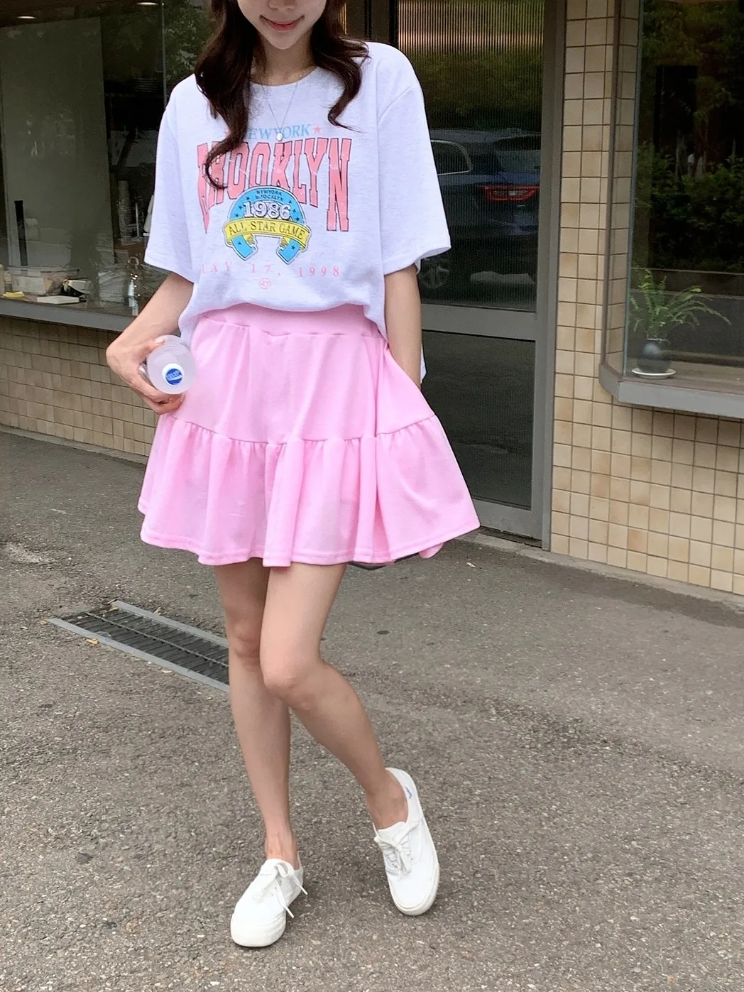 ラウンドネックティアードウエストゴム半袖ミニロゴセットアップTシャツスカートパンツ | 詳細画像1