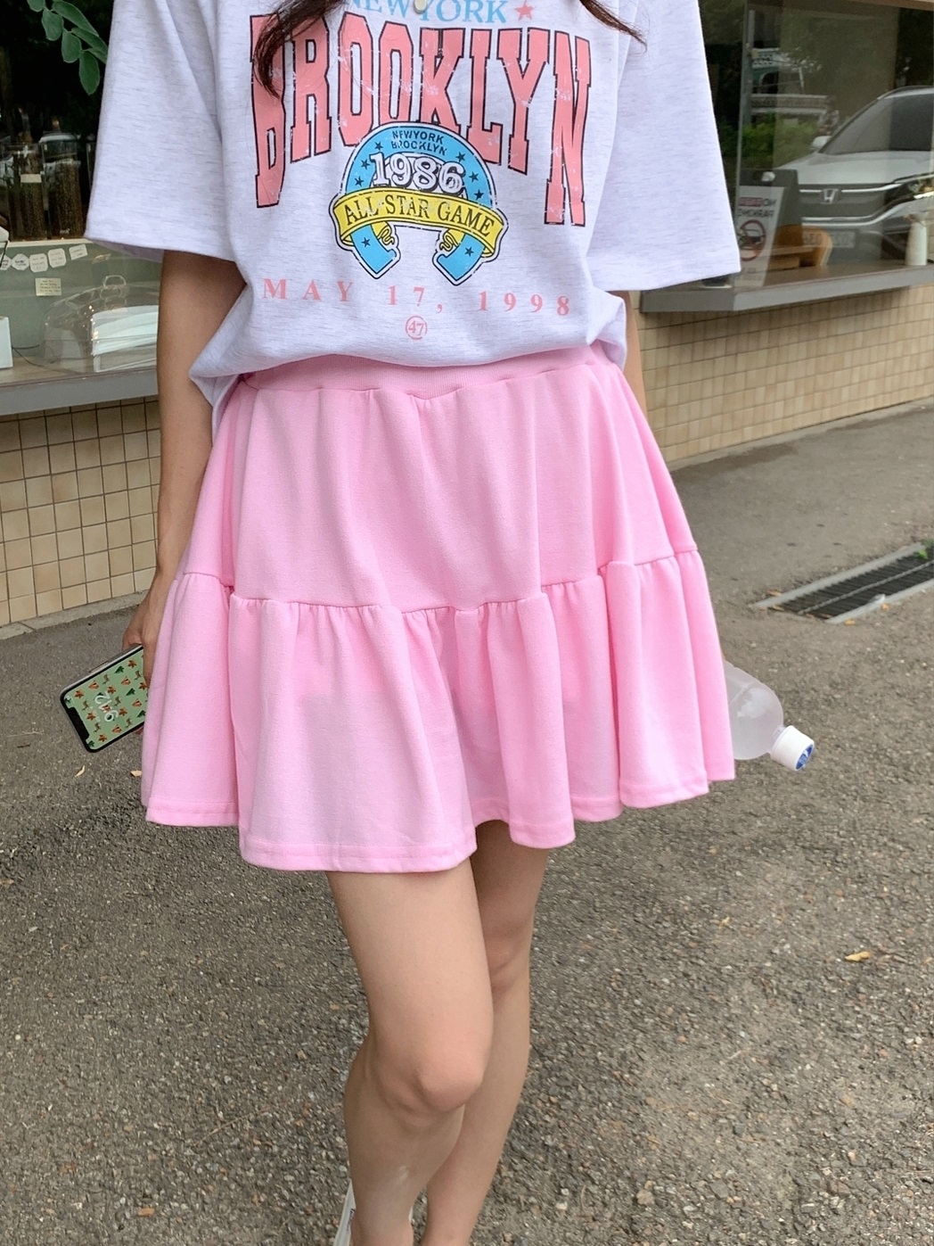ラウンドネックティアードウエストゴム半袖ミニロゴセットアップTシャツスカートパンツ | 詳細画像3