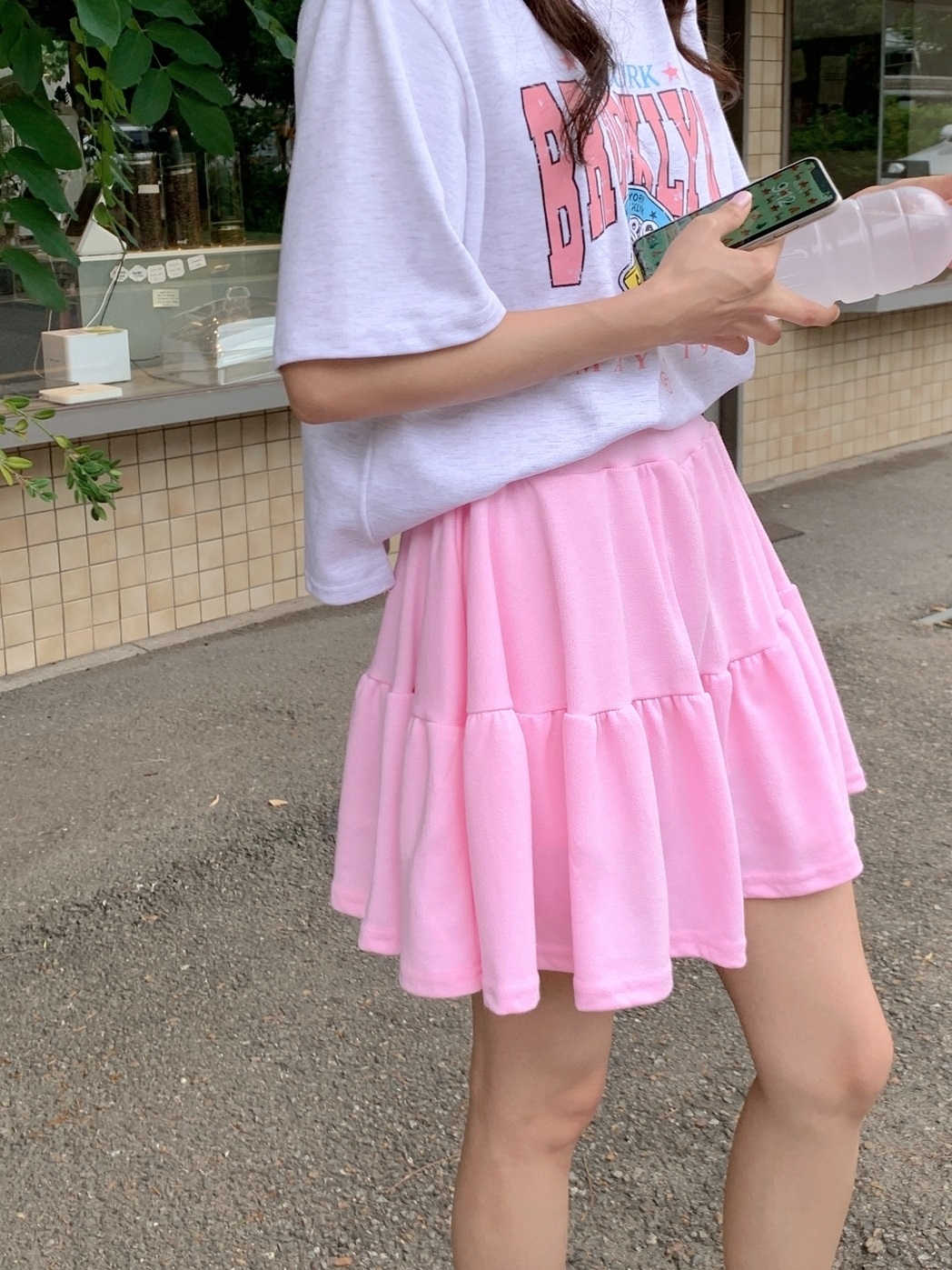 ラウンドネックティアードウエストゴム半袖ミニロゴセットアップTシャツスカートパンツ | 詳細画像4