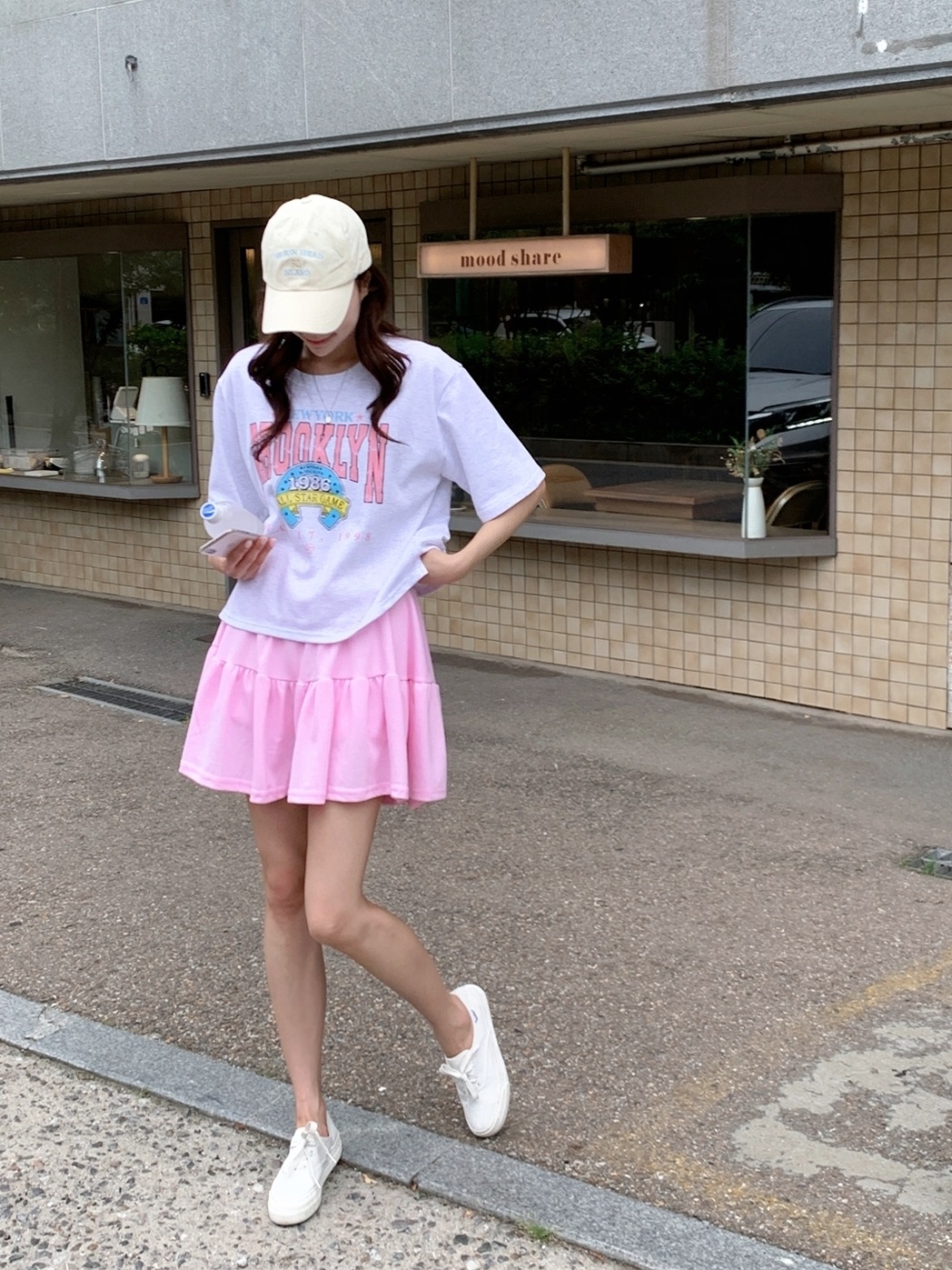 ラウンドネックティアードウエストゴム半袖ミニロゴセットアップTシャツスカートパンツ | 詳細画像6