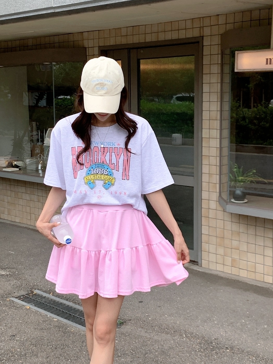 ラウンドネックティアードウエストゴム半袖ミニロゴセットアップTシャツスカートパンツ | 詳細画像7