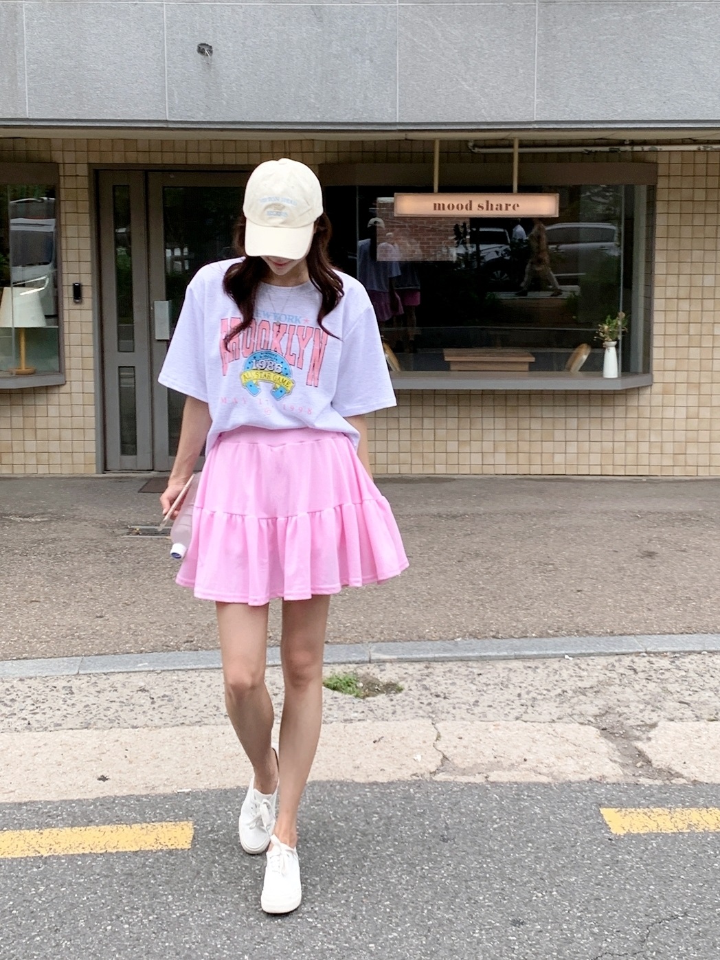 ラウンドネックティアードウエストゴム半袖ミニロゴセットアップTシャツスカートパンツ | 詳細画像9