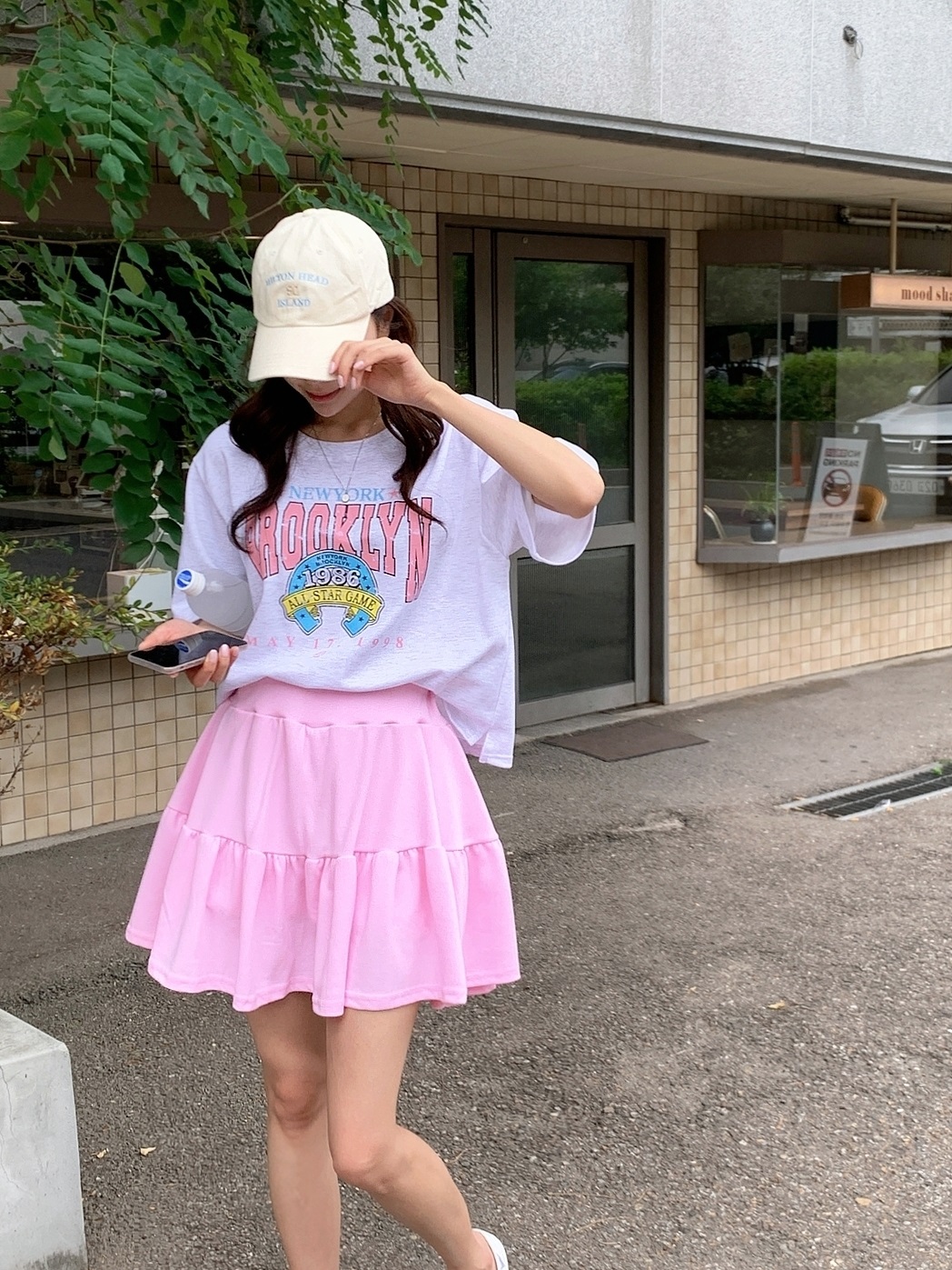 ラウンドネックティアードウエストゴム半袖ミニロゴセットアップTシャツスカートパンツ | 詳細画像10