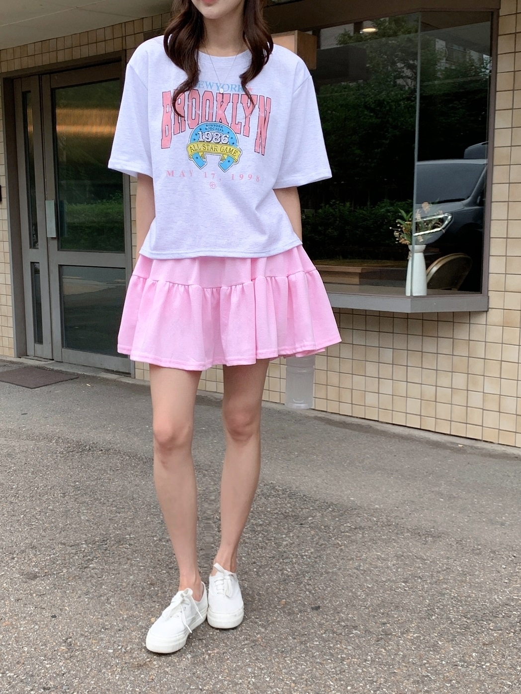 ラウンドネックティアードウエストゴム半袖ミニロゴセットアップTシャツスカートパンツ | 詳細画像12