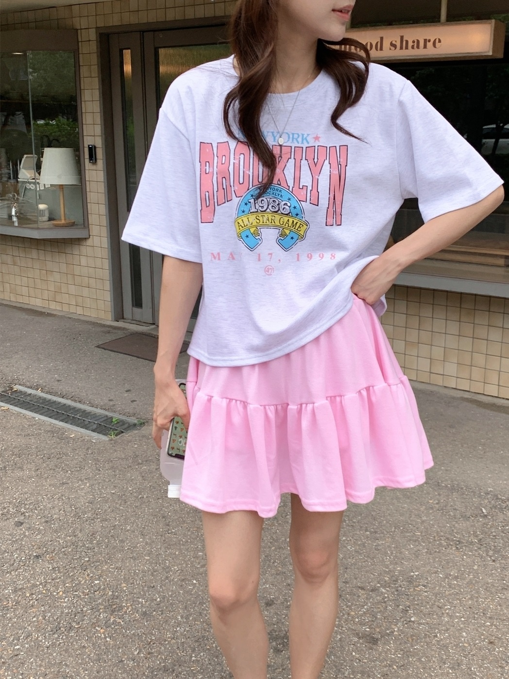 ラウンドネックティアードウエストゴム半袖ミニロゴセットアップTシャツスカートパンツ | 詳細画像13