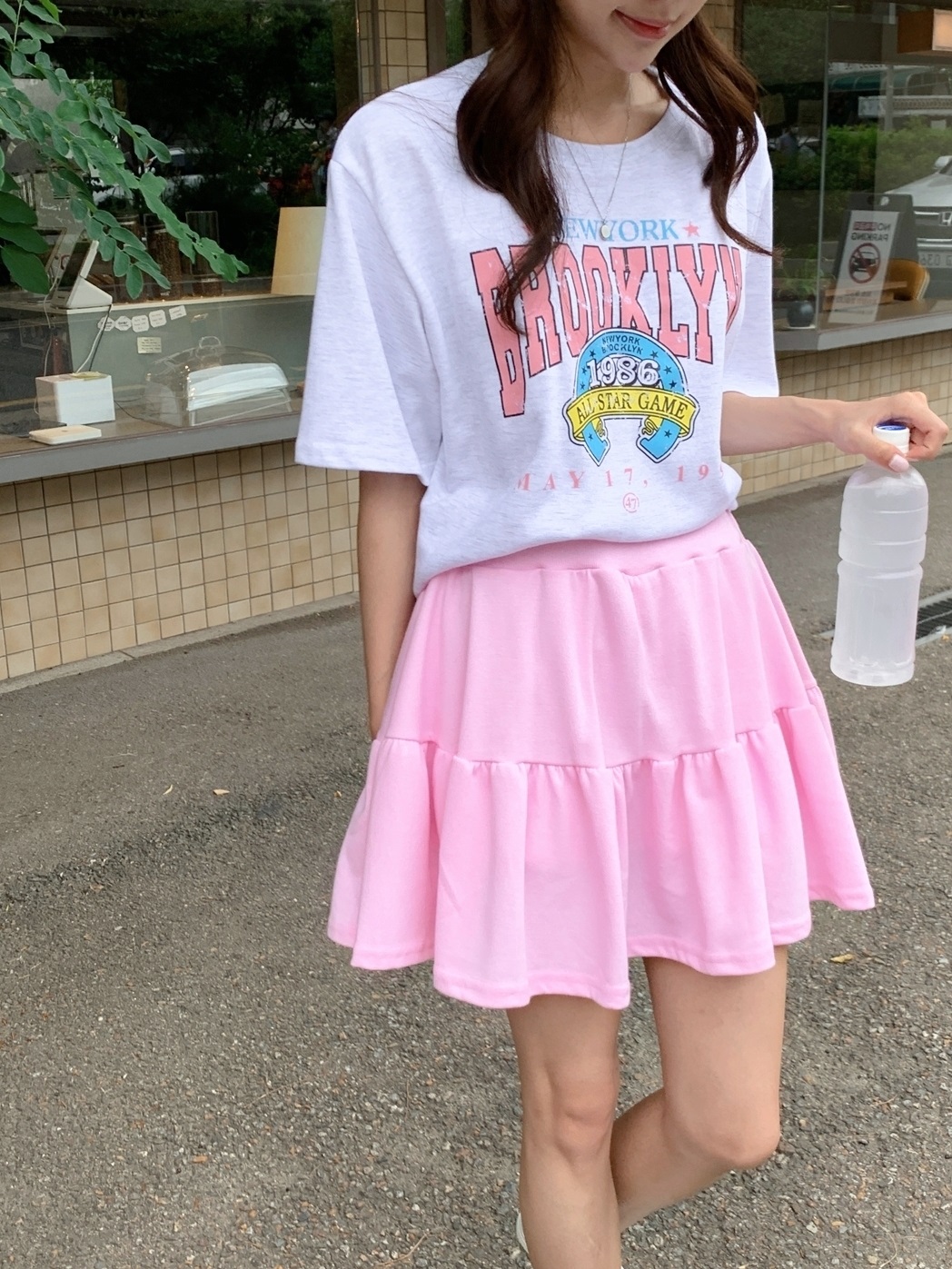 ラウンドネックティアードウエストゴム半袖ミニロゴセットアップTシャツスカートパンツ | 詳細画像14