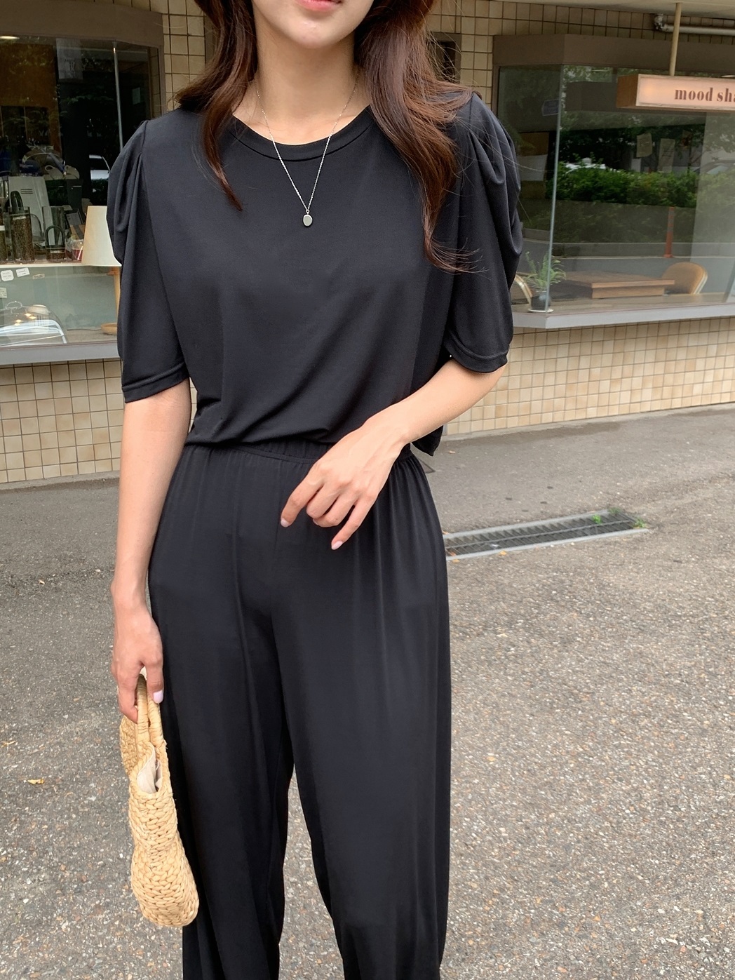 クールラウンドネックウエストゴムパフスリーブロング半袖ワイドセットアップパンツTシャツ | 詳細画像13