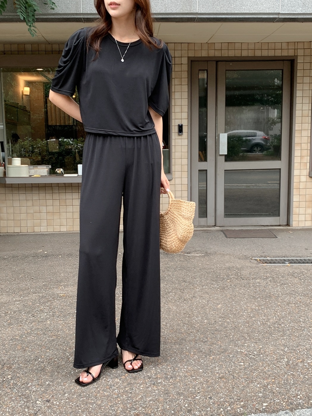 クールラウンドネックウエストゴムパフスリーブロング半袖ワイドセットアップパンツTシャツ | 詳細画像14