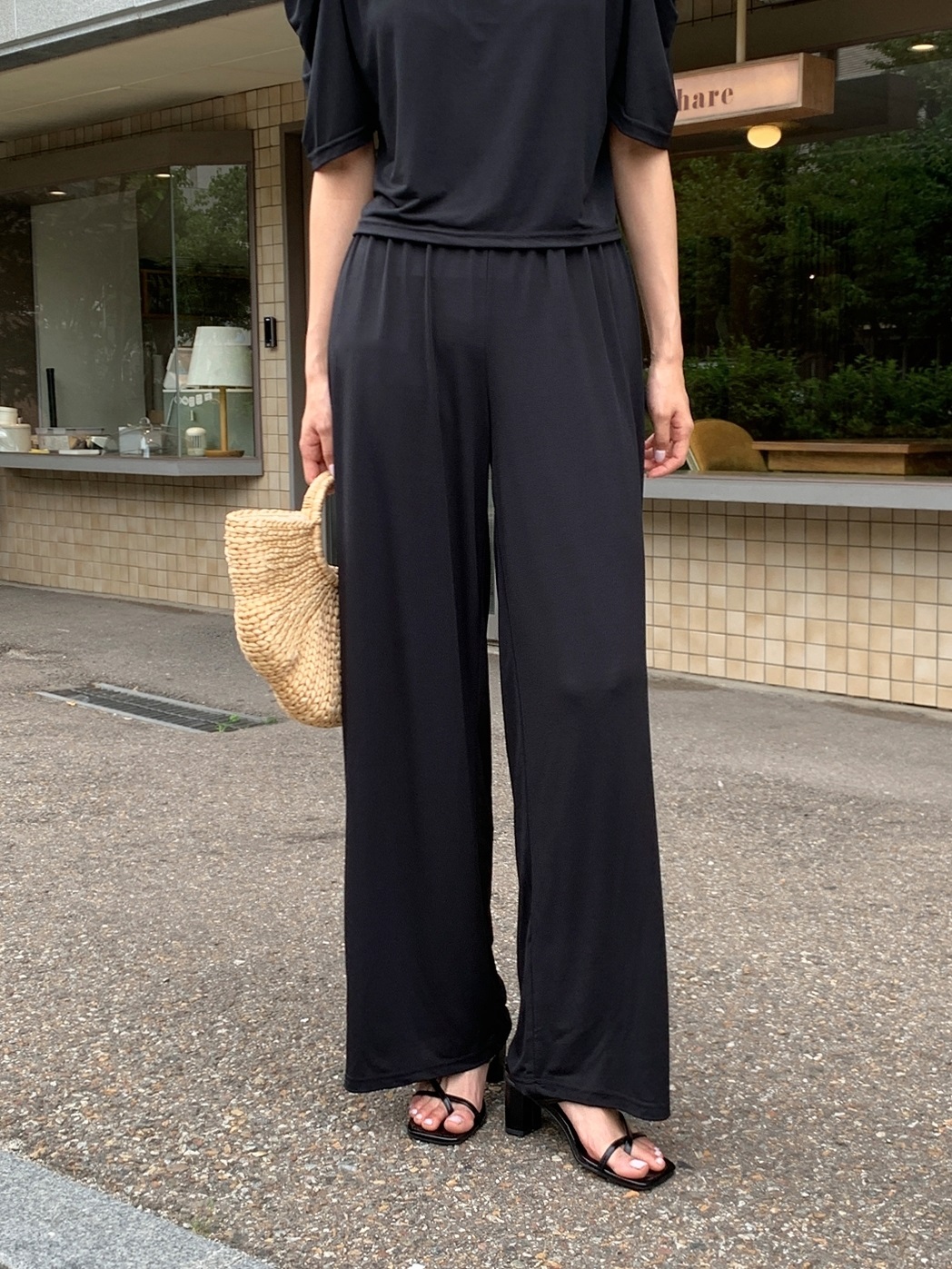 クールラウンドネックウエストゴムパフスリーブロング半袖ワイドセットアップパンツTシャツ | 詳細画像17