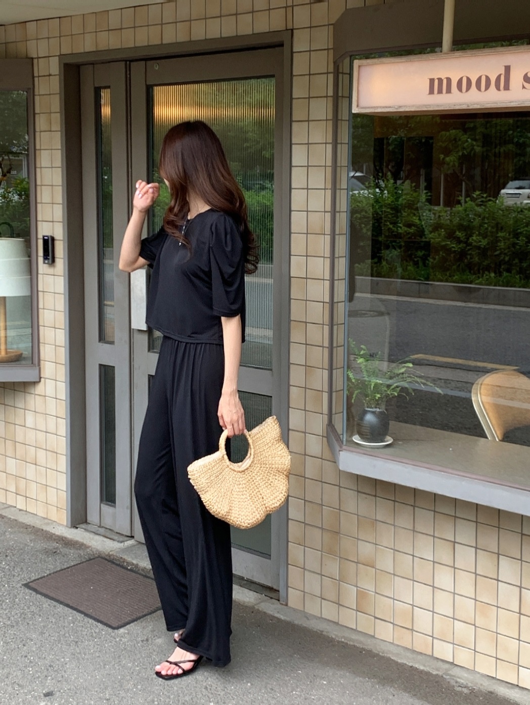クールラウンドネックウエストゴムパフスリーブロング半袖ワイドセットアップパンツTシャツ | 詳細画像18
