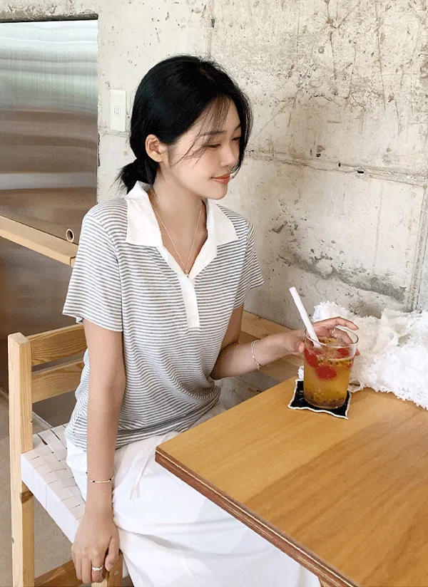 リブオープンカラーボタンボーダーTシャツ | 66girls | 詳細画像1