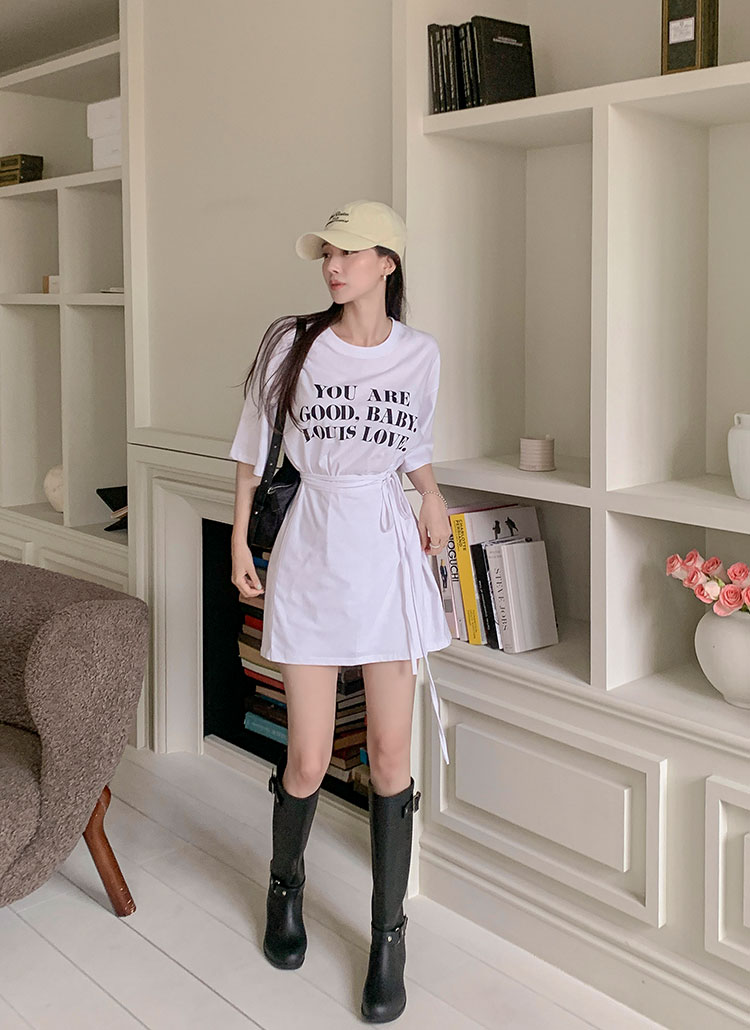 ラウンドネック ストラップ付 Tシャツワンピース ロング丈 半袖 ストラップ付ミニ半袖ラウンドネックロングロゴワンピースT