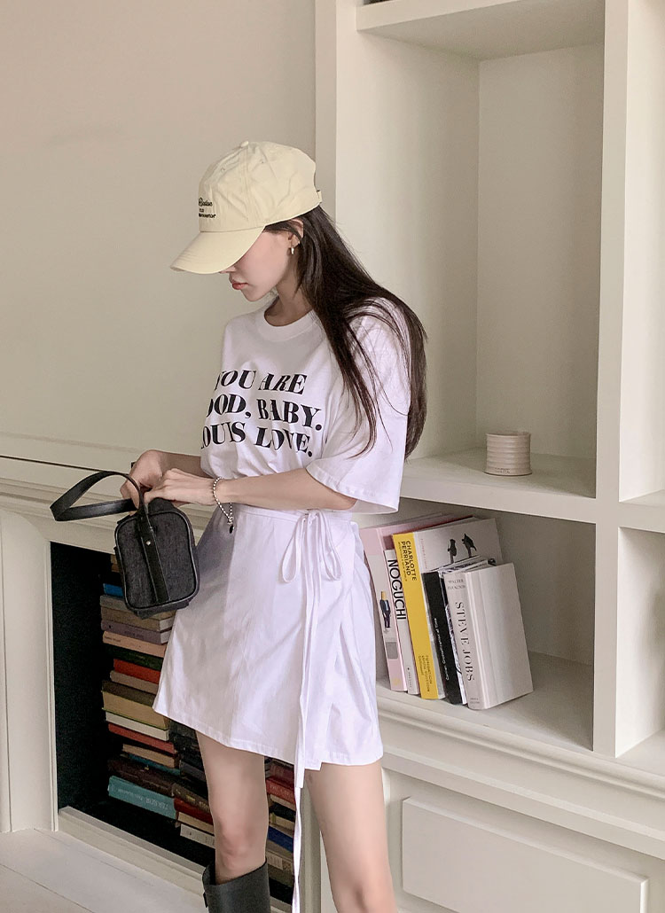 ラウンドネック ストラップ付 Tシャツワンピース ロング丈 半袖 ストラップ付ミニ半袖ラウンドネックロングロゴワンピースT