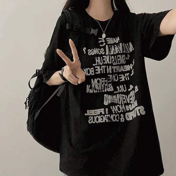 オーバーサイズラウンドネック半袖レタリングTシャツ | hijjoo | 詳細画像1