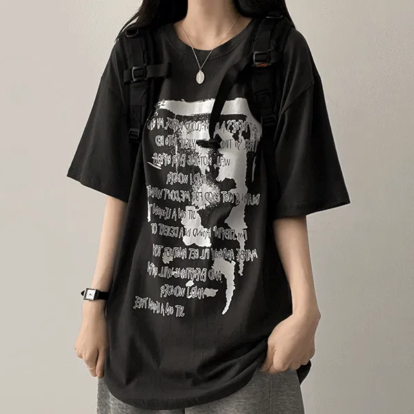 ラウンドネック半袖ボクシービンテージプリントTシャツ | hijjoo | 詳細画像1